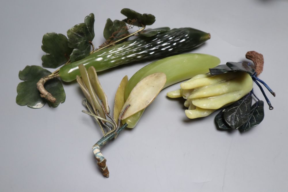 A Chinese soapstone lotus dish containing hardstone models of fruit and a hardstone model of flowers